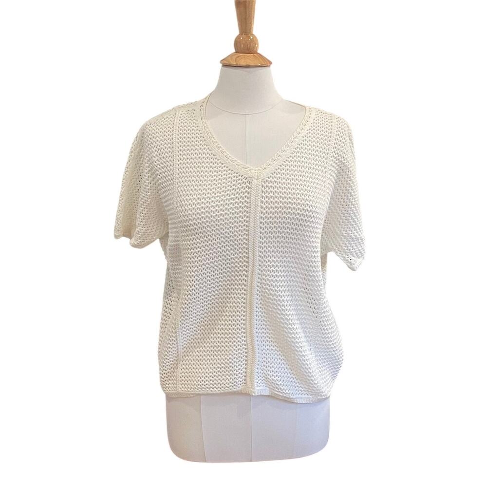 Liz Claiborne White Crochet Style Open Knit Short Sleeve Sweater, Boho Casual S